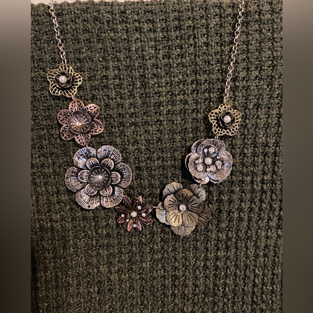 Floral Statement Necklace in Silver and Gold Tones